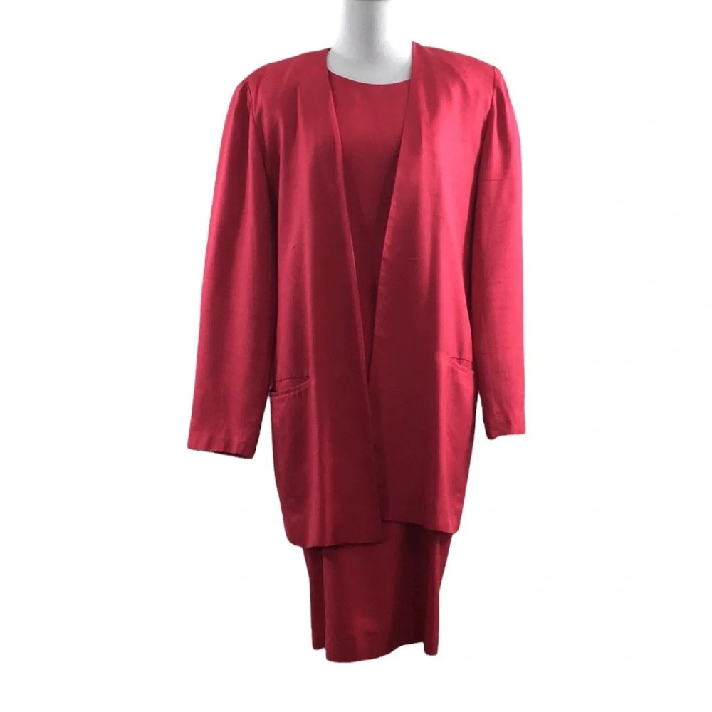 Saks Fifth Avenue Vintage Pink Dress Blazer Suit Set Womens 100% Silk Med Large